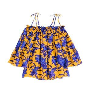 Charming Charlie Women’s Off-Shoulder Floral Blouse Mustard Yellow Blue S